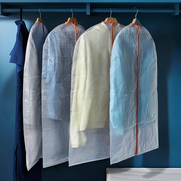 PÄRKLA - clear fabric covers protect clothes, hangers visible, various sizes.