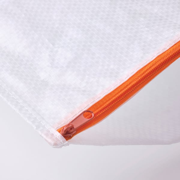 A white shoe bag with an orange zip, showcasing quality fabric and durable zip design.