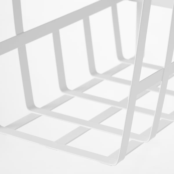 Durable, white wire storage rack; sturdy steel grid for organising kitchen items.
