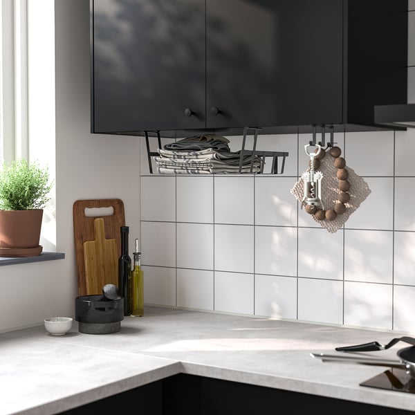 Kitchen shelf organiser, hooks hang utensils, towels. Under cabinet storage solution.