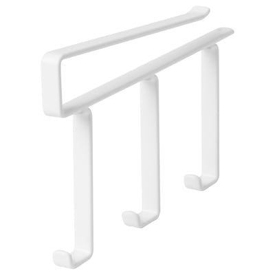 A white PÅLYCKE hook rack with three hooks, designed for hanging utensils or towels on shelves.