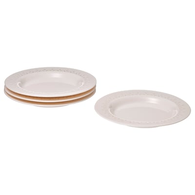 Three white dinner plates, one standing alone, two stacked. Elegant design with a textured rim.