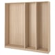 A set of three light wood-colored PAX wardrobe frames, standing upright with empty interiors.