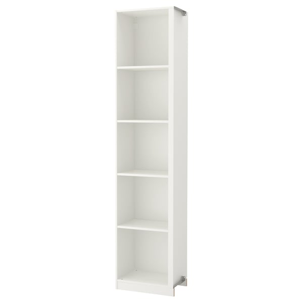 White PAX wardrobe frame, slim & minimalist, fits narrow spaces; made of particleboard & honeycomb filling.