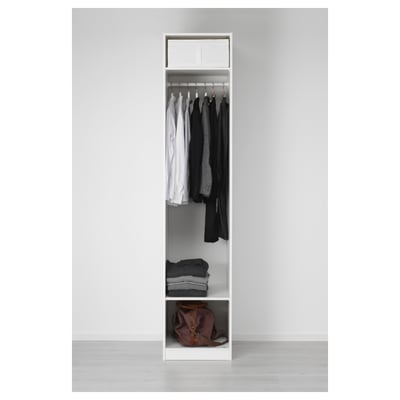 A tall, white wardrobe with hangers, clothes, and a bag, featuring adjustable feet and integrated hinges for smooth door closure.