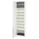 White PAX wardrobe, tall and narrow, with multiple shelves and two mesh drawers at the top.