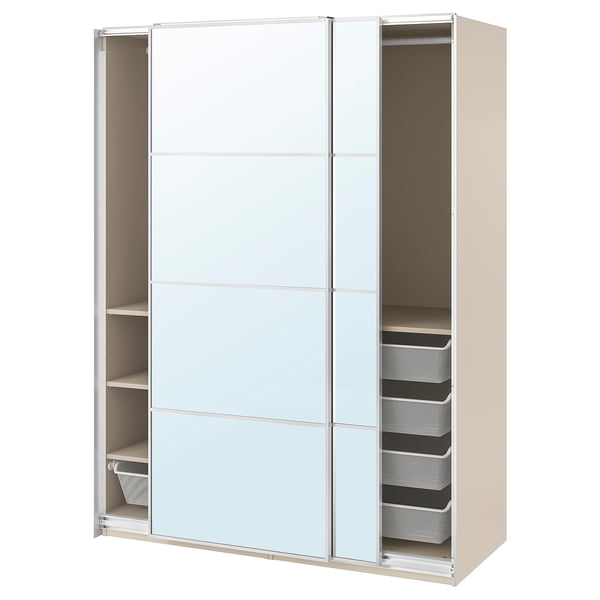 Displays a white PAX wardrobe with sliding doors and internal organisers in beige.