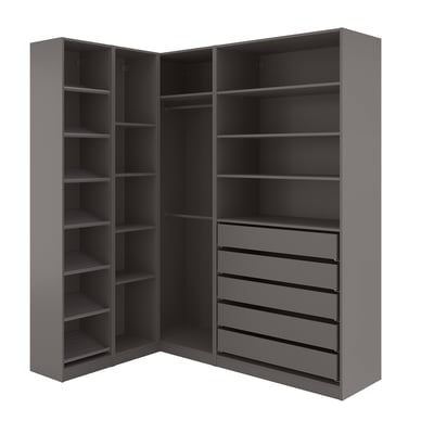 A gray corner wardrobe unit, PAX, with multiple shelves and drawers for storage.