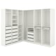 Displays a white ikea PAX wardrobe set in a corner configuration, featuring shelves, drawers, and hanging space.