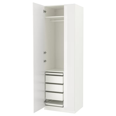 White PAX wardrobe with mirror doors, drawers, and hanging space.