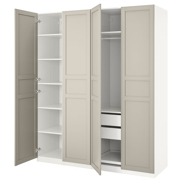 A beige ikea PAX wardrobe with open doors, showcasing adjustable shelves and a hanging section.