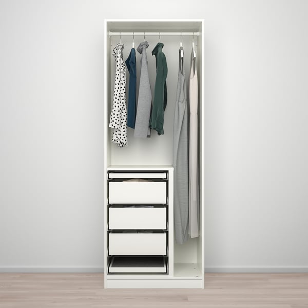 A compact wardrobe with a hanging rack and drawers. The wardrobe has a side compartment for long garments, optimising storage space.