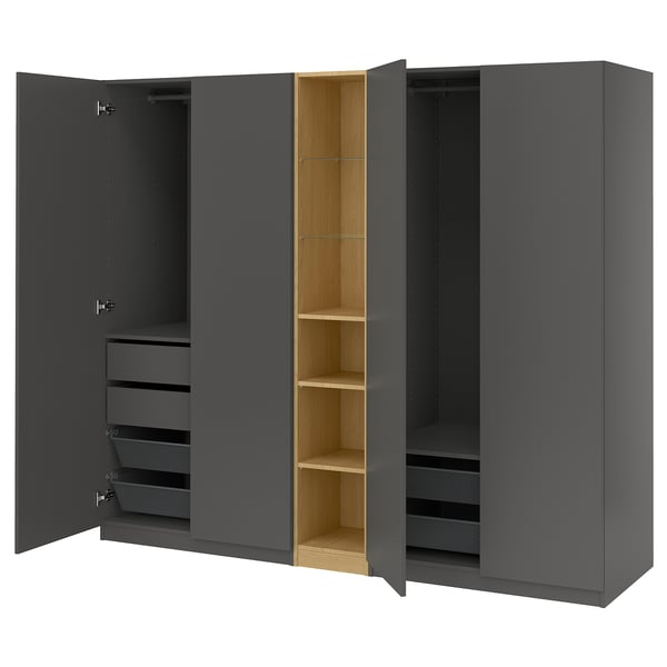 Dark grey PAX wardrobe open showing drawers and shelves.