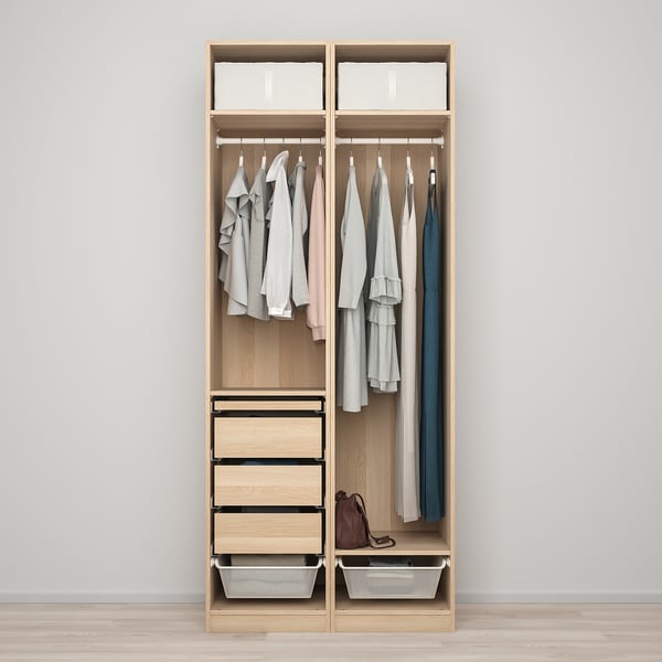Modern wooden wardrobe with adjustable feet; drawers, shelves, and hanging space for clothes and accessories.