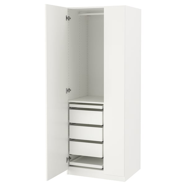 White PAX wardrobe, open showing shelves and drawers, minimalist design.