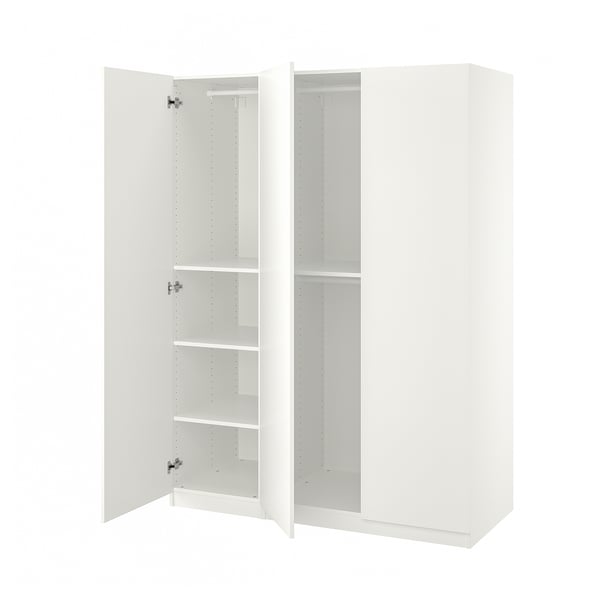 White PAX wardrobe; simple, modern design with adjustable feet, soft-close hinges, and internal shelves.