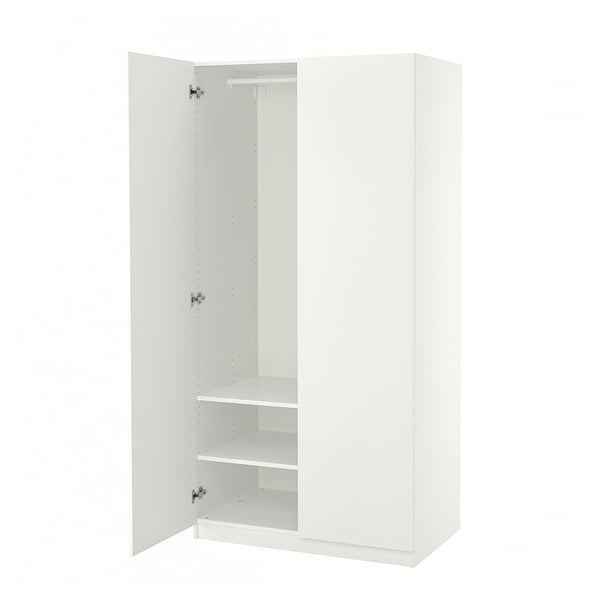 White PAX wardrobe, open doors revealing shelves and hanging rod.