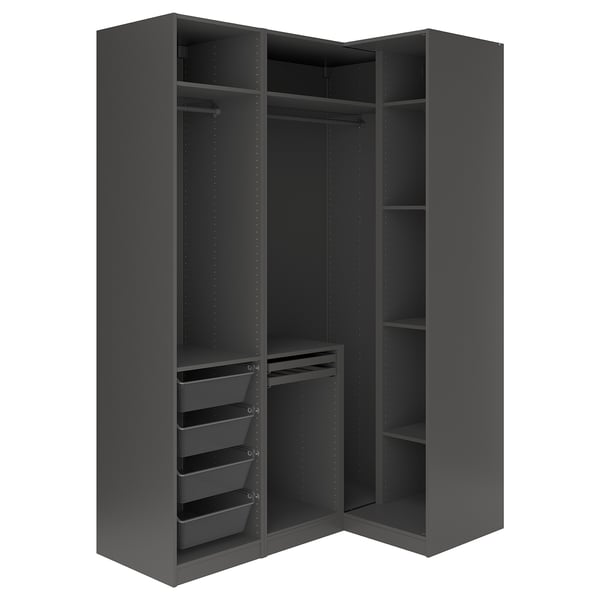 Dark grey PAX wardrobe with open sections, shelves, and mesh drawers.