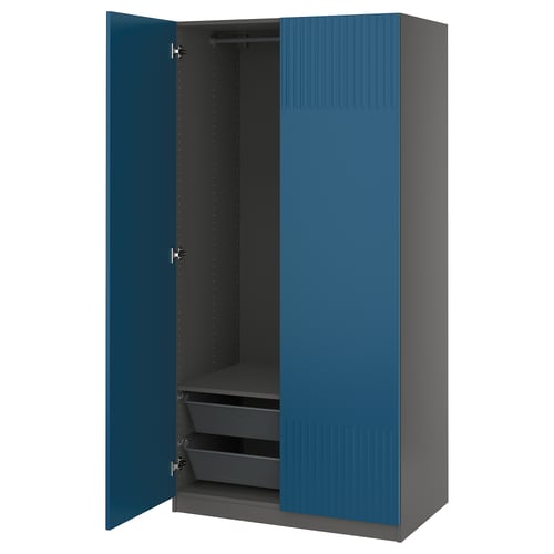 Blue PAX wardrobe with mesh drawers, sleek and modern.
