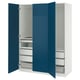 A blue and white PAX wardrobe with open drawers and shelves.
