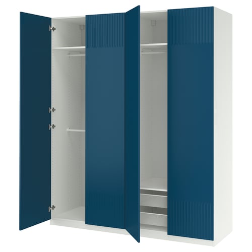 A blue ikea PAX wardrobe with three open sections, displaying shelves and drawers.