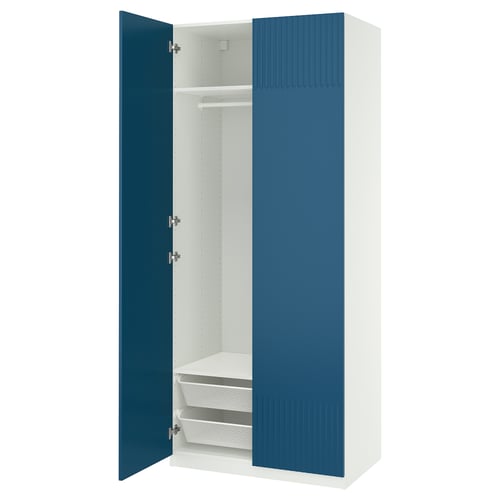 A blue and white PAX wardrobe with an open door revealing an empty interior, shelves, and drawers.
