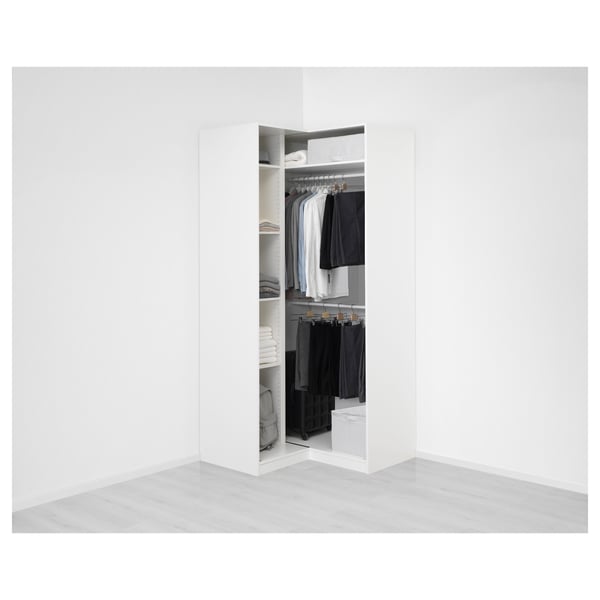 Open white wardrobe with clothes and shelves, showing organised storage space.