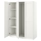 White PAX wardrobe with open doors, three shelves, metal hinges.