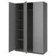 Grey PAX wardrobe with two open doors, showcasing empty shelves and hanging space.