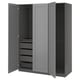 Modern grey PAX wardrobe with open doors, featuring shelves and drawers.