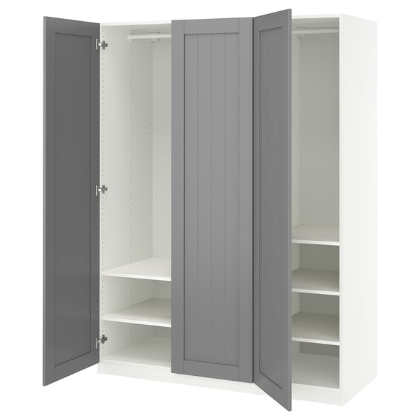 A white and grey PAX wardrobe with three open doors, showing shelves and rails inside.