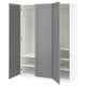 A white and grey PAX wardrobe with three open doors, showing shelves and rails inside.