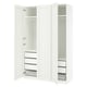 White PAX wardrobe with open doors, showing drawers and shelves. Minimalist design, easy to organize.