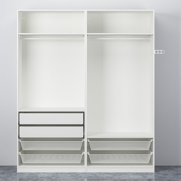White PAX wardrobe with mesh drawers, open shelves, and wall fastener.