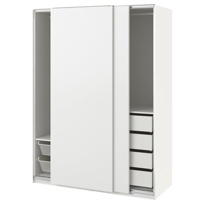 A white ikea PAX wardrobe with sliding doors. It has glass drawers and mesh baskets inside, and adjustable feet.