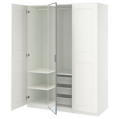 White PAX wardrobe with mirror door and open shelves; modern design.