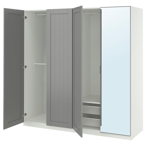 PAX wardrobe: white & gray, glass top, sliding doors, mesh basket, adjustable shelves.