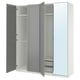PAX wardrobe, grey & white, modern design. Glass, wood & metal materials. Tall, rectangular shape. Soft-closing doors, shelves & drawers.