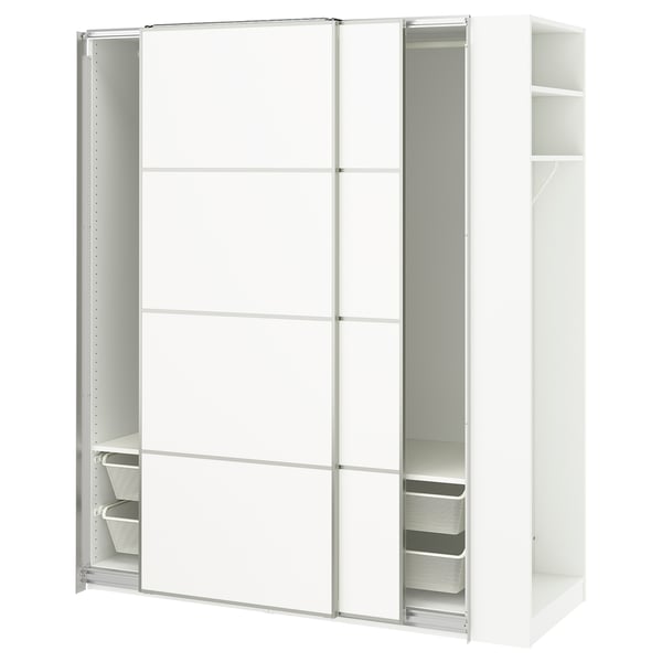 Modern white PAX wardrobe with sliding doors, shelves, and mesh baskets.