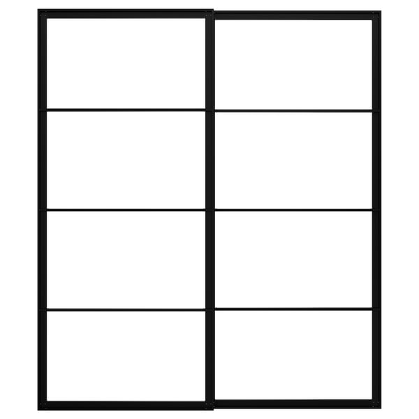This image shows a black PAX wardrobe door frame made of aluminium, featuring a grid design with four panels.