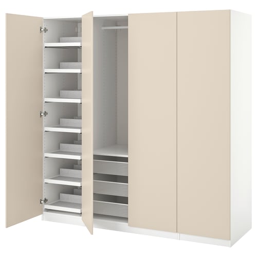 An open beige PAX wardrobe with adjustable shelves and mesh baskets, displaying its organised storage compartments.