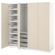 An open beige PAX wardrobe with adjustable shelves and mesh baskets, displaying its organised storage compartments.
