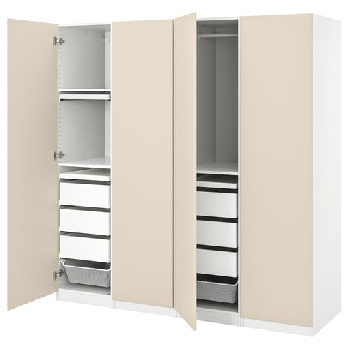 PAX wardrobe: beige, tall, 2 sections, open showing shelves, drawers, and baskets.