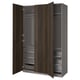 PAX wardrobe: dark brown wood, grey interior, adjustable shelves, metal hinges, glass drawer front, pull-out trays.