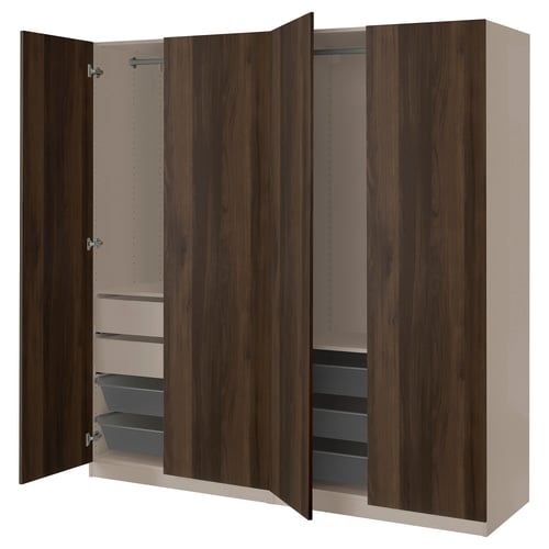 Brown PAX wardrobe with mesh baskets, drawers, and soft-close doors.