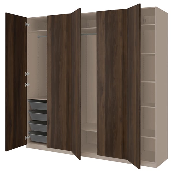 PAX wardrobe: four brown wooden doors, with two mesh drawers, open for storage view.
