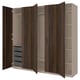 PAX wardrobe: four brown wooden doors, with two mesh drawers, open for storage view.