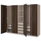 Brown PAX wardrobe displayed, featuring open sections with shelves and drawers.