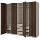 PAX walnut wardrobe, four doors open displaying shelves and drawers.