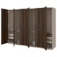 Dark wood PAX wardrobe with multiple compartments and shelves.